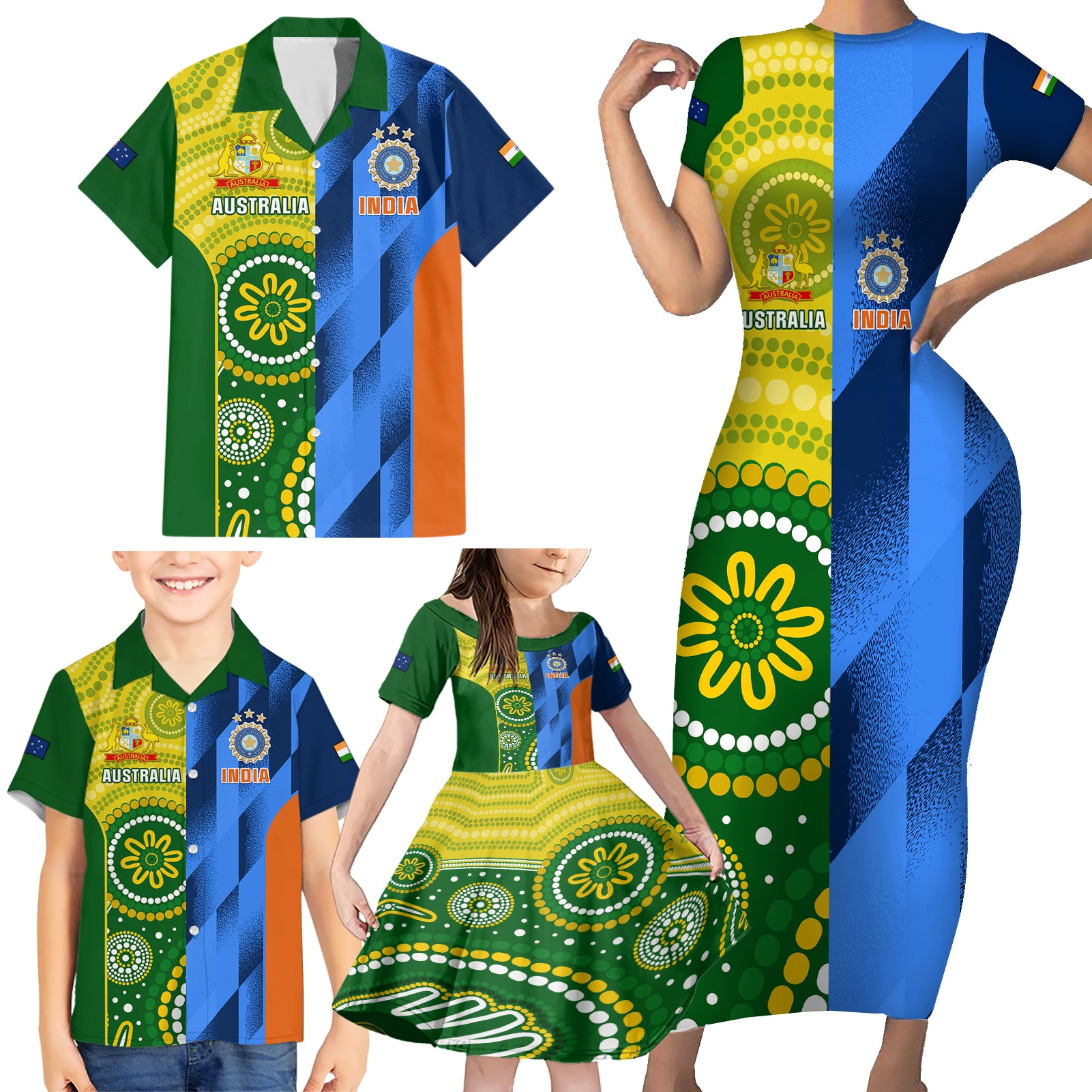 Australia And India Cricket Family Matching Short Sleeve Bodycon Dress and Hawaiian Shirt 2023 World Cup Final Together - Wonder Print Shop