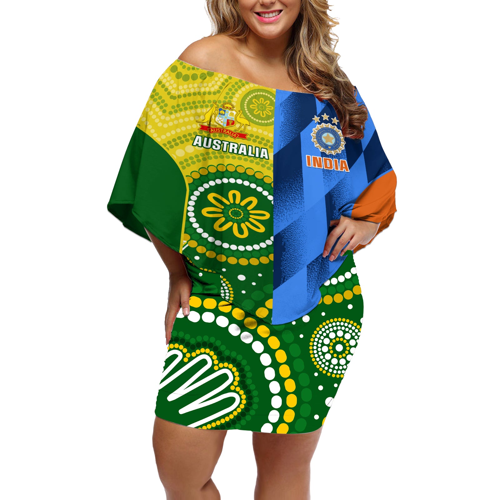 Australia And India Cricket Off Shoulder Short Dress 2023 World Cup Final Together - Wonder Print Shop