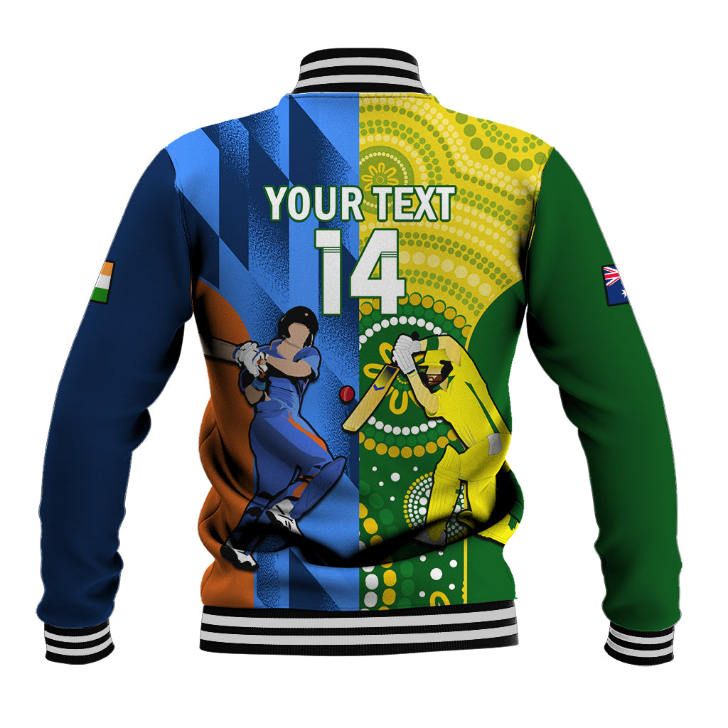 Cricket baseball jacket back with custom text and number 14, striped rib trim
