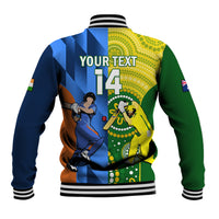 Cricket baseball jacket back with custom text and number 14, striped rib trim