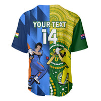 Cricket jersey in blue and green with yellow side, 'YOUR TEXT' and number 14 on back