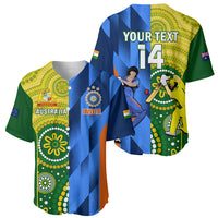 Cricket baseball jersey with 'YOUR TEXT' and number 14 on back, blue and green panels
