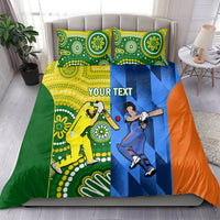 Cricket bedding set with two pillows; green, yellow, blue, and orange player artwork