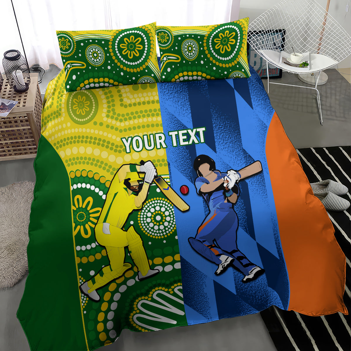 Cricket bedding set with two pillows and duvet featuring green, yellow, blue, and orange players