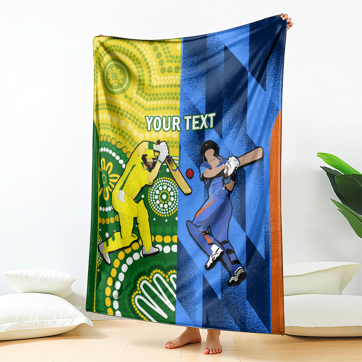 Custom cricket blanket with yellow and blue panels and orange border, featuring player graphics