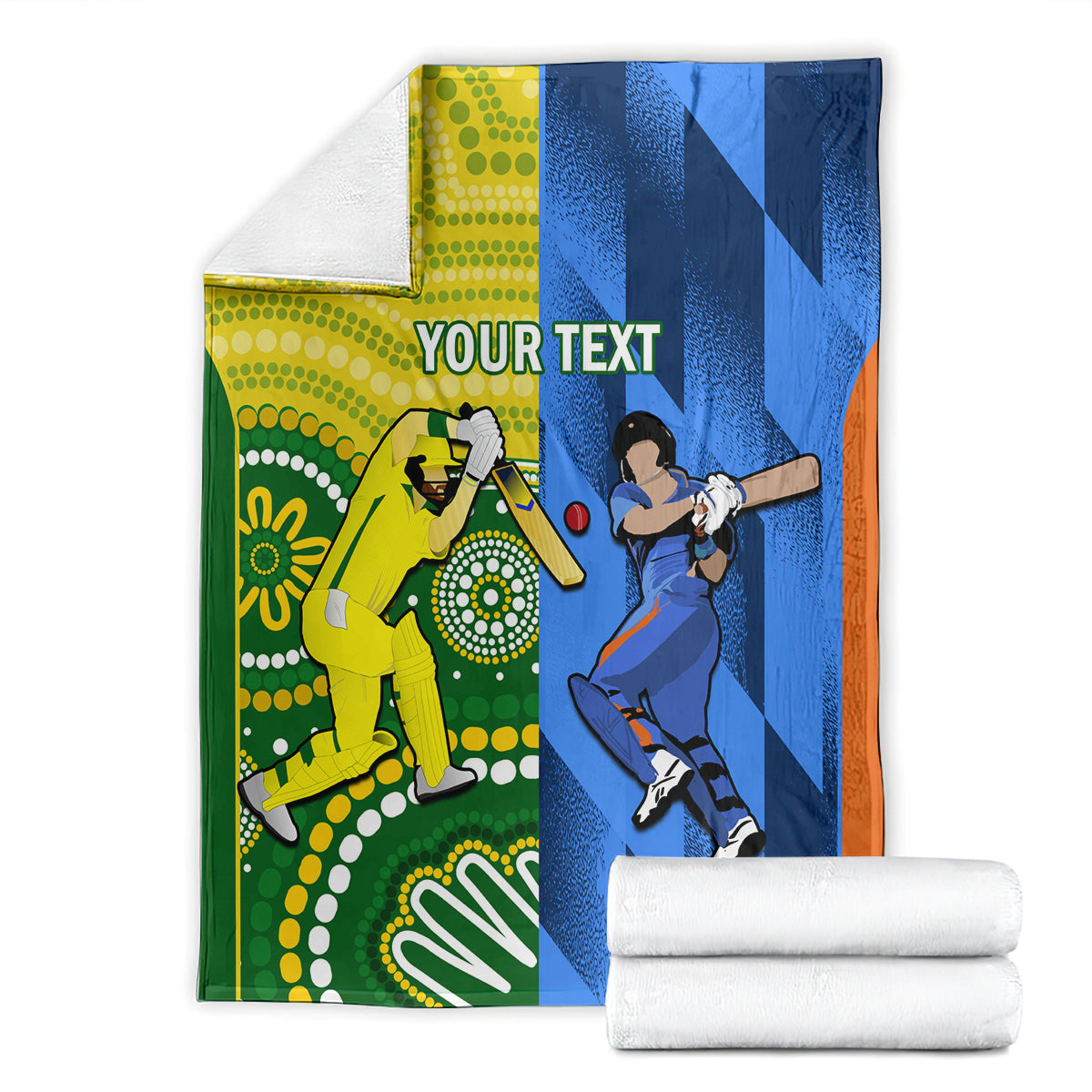 Custom cricket blanket folded with white towels, yellow and blue panels and orange-edged design