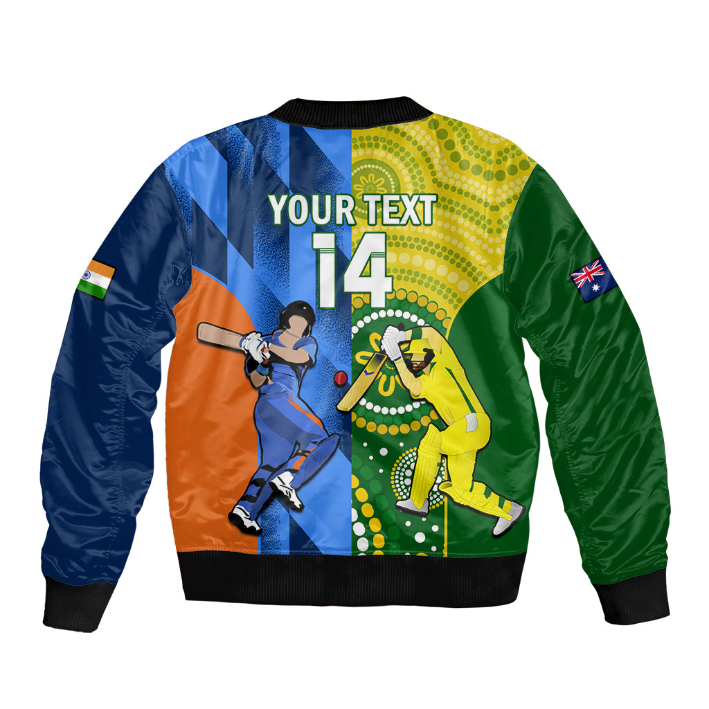 Cricket bomber jacket back panel with 'YOUR TEXT', number 14, and player illustrations