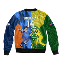 Cricket bomber jacket back panel with 'YOUR TEXT', number 14, and player illustrations