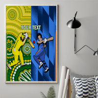 Framed cricket canvas wall art with 'YOUR TEXT' and player graphics, yellow and blue panels