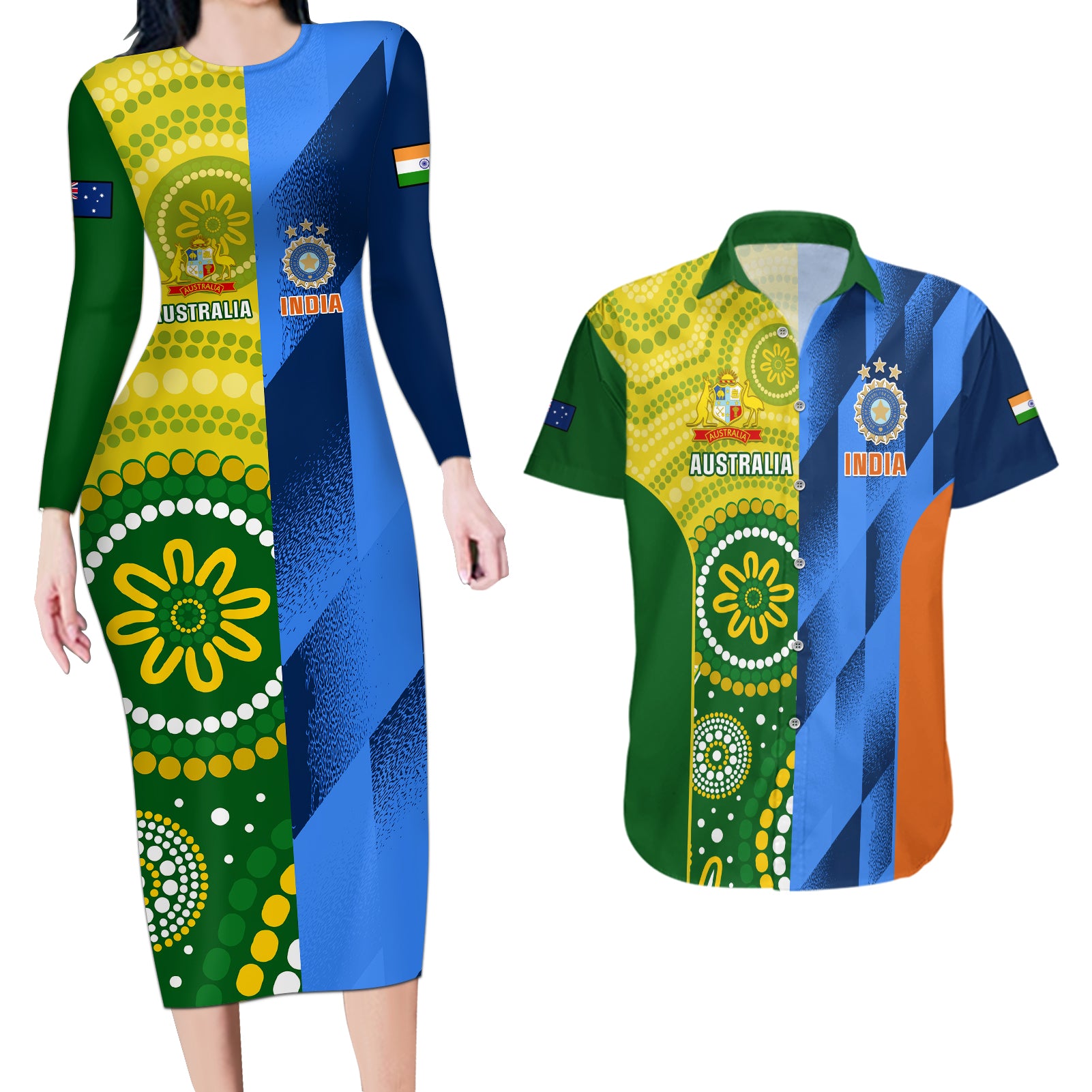 Custom Australia And India Cricket Couples Matching Long Sleeve Bodycon Dress and Hawaiian Shirt 2023 World Cup Final Together - Wonder Print Shop