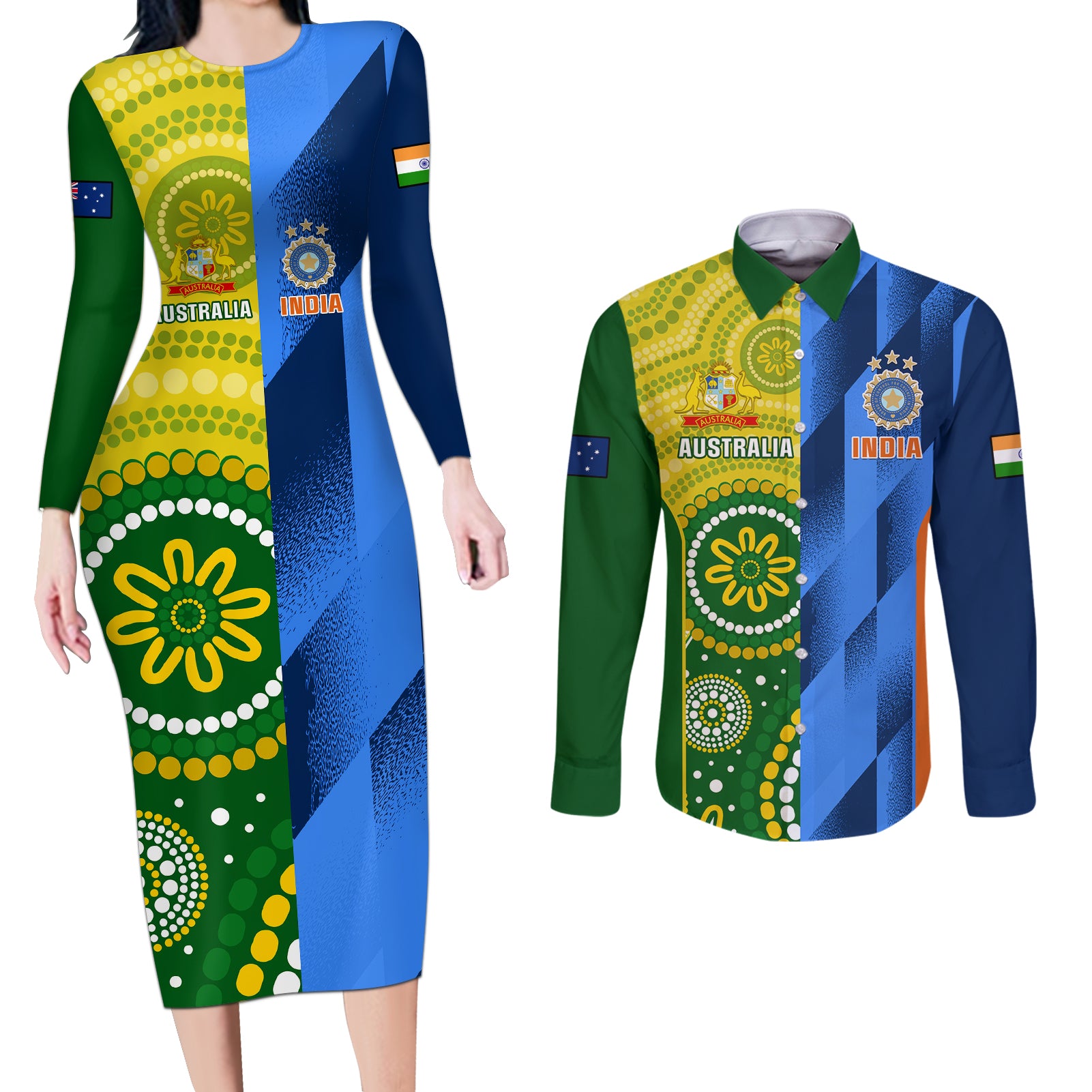 Custom Australia And India Cricket Couples Matching Long Sleeve Bodycon Dress and Long Sleeve Button Shirt 2023 World Cup Final Together - Wonder Print Shop