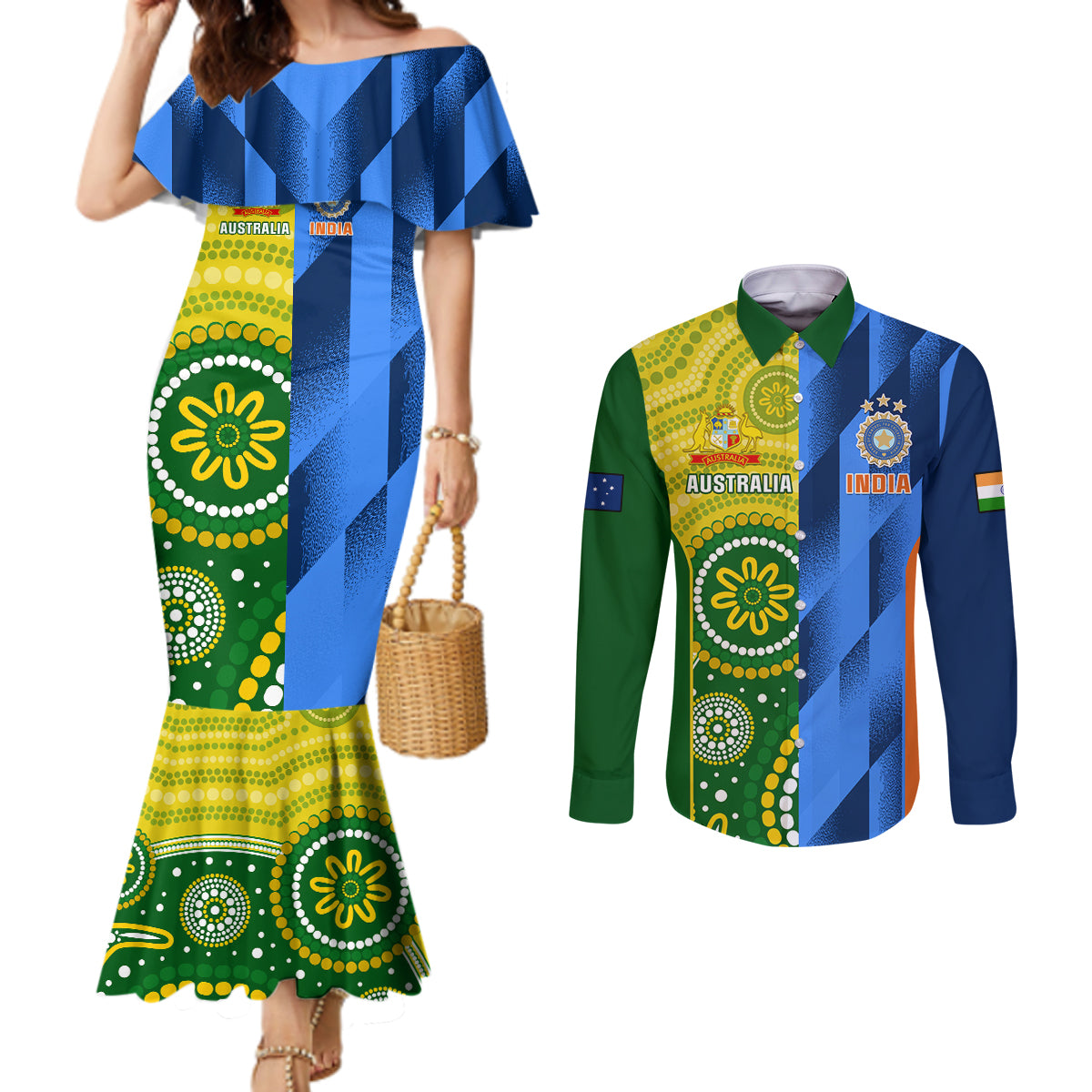 custom-australia-and-india-cricket-couples-matching-mermaid-dress-and-long-sleeve-button-shirt-2023-world-cup-final-together