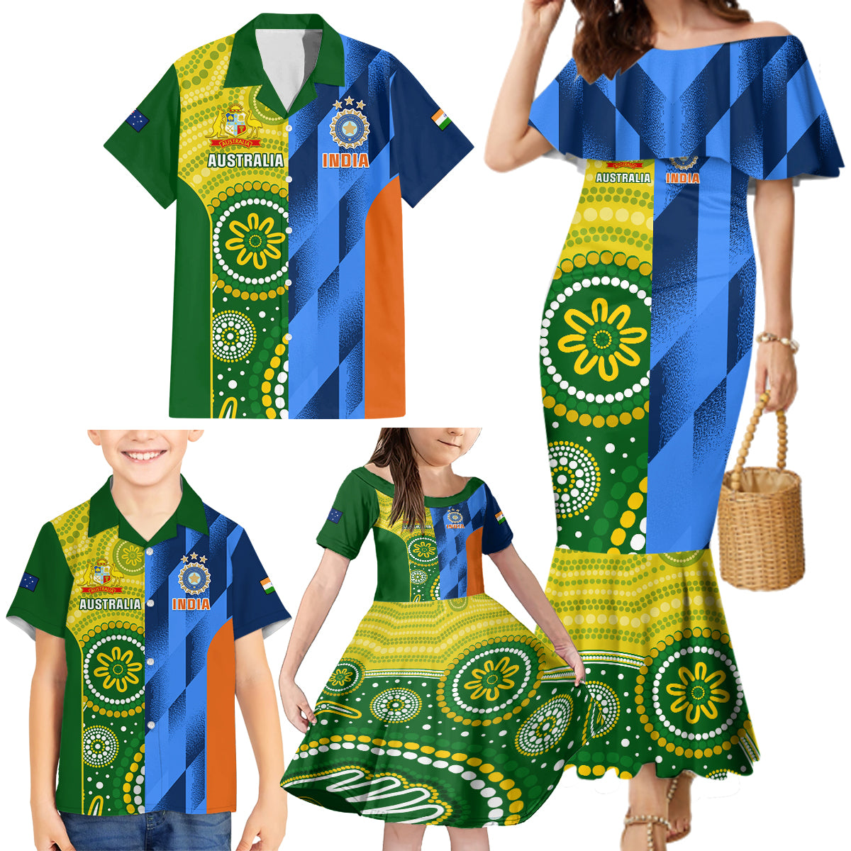 Custom Australia And India Cricket Family Matching Mermaid Dress and Hawaiian Shirt 2023 World Cup Final Together - Wonder Print Shop