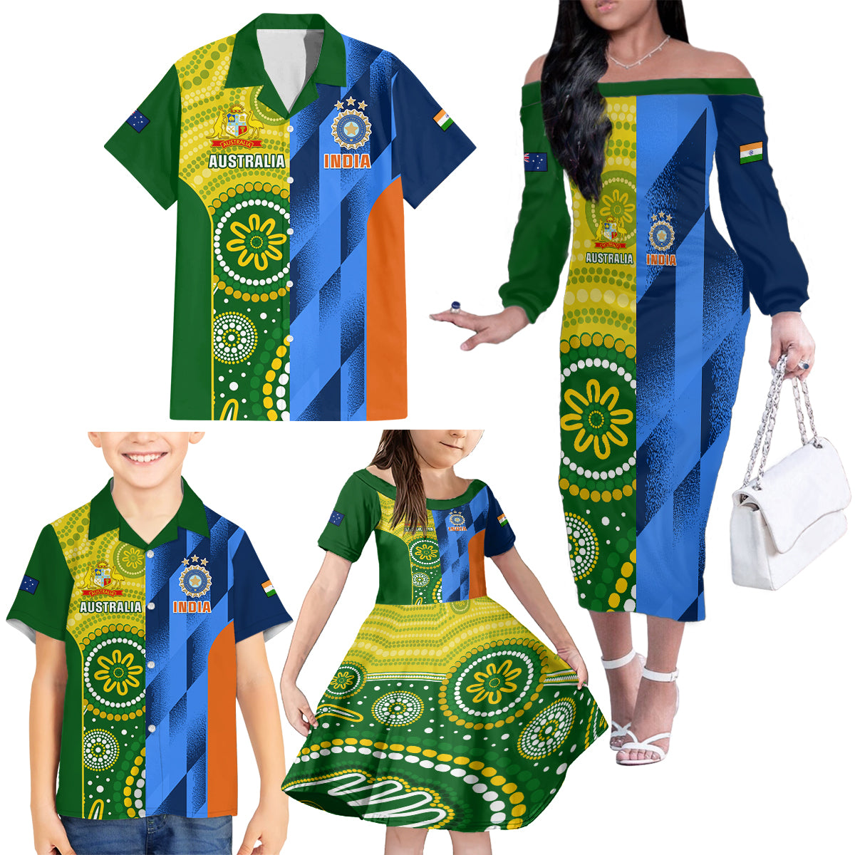 Custom Australia And India Cricket Family Matching Off Shoulder Long Sleeve Dress and Hawaiian Shirt 2023 World Cup Final Together - Wonder Print Shop