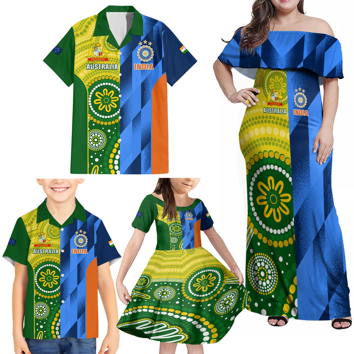 Custom Australia And India Cricket Family Matching Off Shoulder Maxi Dress and Hawaiian Shirt 2023 World Cup Final Together - Wonder Print Shop