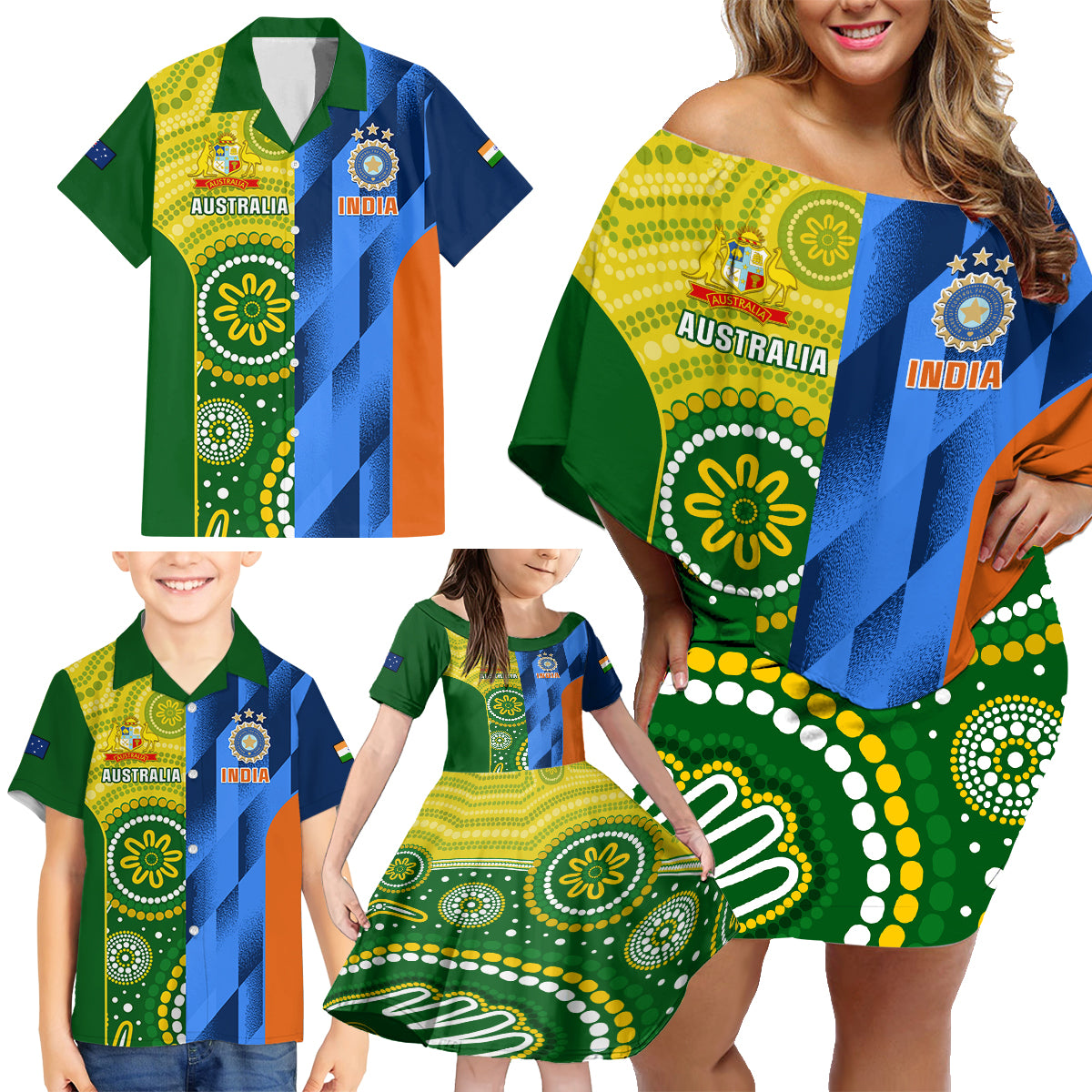 Custom Australia And India Cricket Family Matching Off Shoulder Short Dress and Hawaiian Shirt 2023 World Cup Final Together - Wonder Print Shop