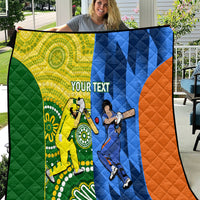 Custom cricket quilt with green, yellow, blue, and orange panels and quilted player graphics