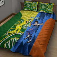 Cricket quilt bed set with two pillowcases; green, yellow, blue, and orange player graphics