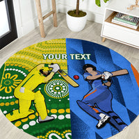 Round cricket carpet with yellow and blue player graphic and orange border