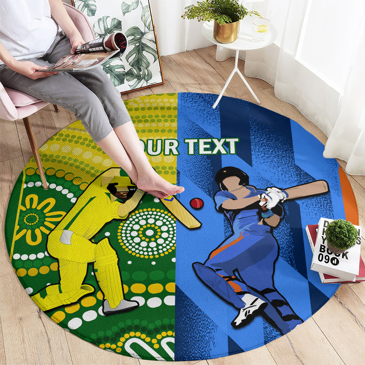 Round cricket carpet with centered "YOUR TEXT" and yellow/blue player design