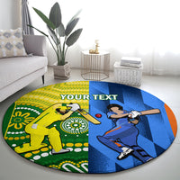 Round cricket carpet with yellow left and blue right batting player artwork