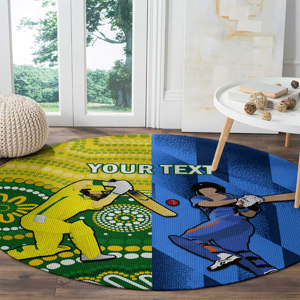 Round cricket carpet with yellow left and blue right bowling player artwork