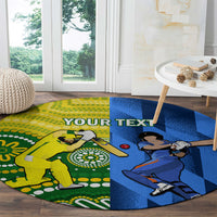 Round cricket carpet with yellow left and blue right bowling player artwork