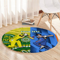 Round cricket carpet with yellow and blue halves and centered "YOUR TEXT"