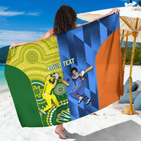 Custom cricket-themed sarong, yellow-green, blue, and orange panels with sports graphics