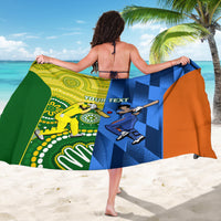 Custom cricket sarong with green, blue, and orange panels; “YOUR TEXT” banner graphic