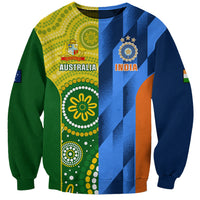 Unisex cricket sweatshirt with yellow-green and blue panels and Australia/India crests