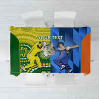 Yellow, green and blue cricket-themed tablecloth with orange side panel
