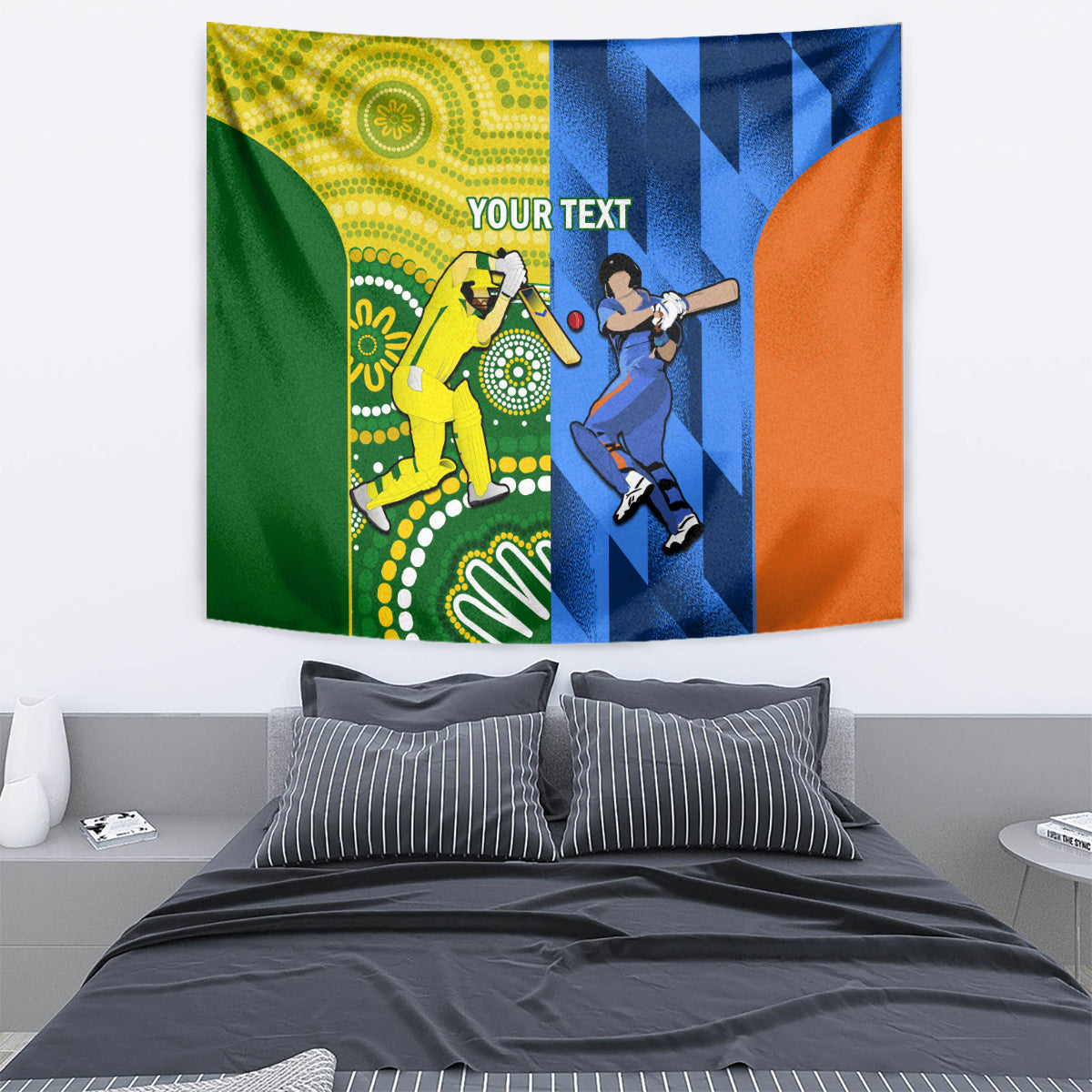 Cricket tapestry with green, yellow, blue, and orange graphics and 'YOUR TEXT' label.
