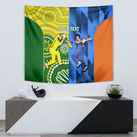 Cricket tapestry wall hanging showing two players with 'YOUR TEXT' across green and blue.