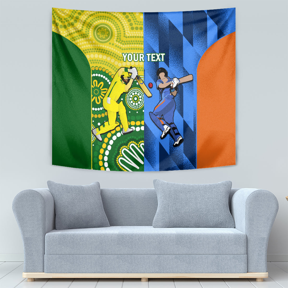 Cricket tapestry wall hanging with player designs and 'YOUR TEXT' in green, blue, orange.