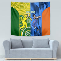 Cricket tapestry wall hanging with player designs and 'YOUR TEXT' in green, blue, orange.