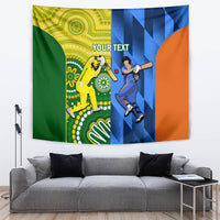 Cricket tapestry wall hanging with two player scenes, green and blue panels, 'YOUR TEXT'.