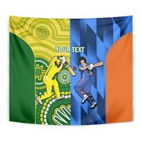 Cricket tapestry close-up with green left, blue right, orange edge, and 'YOUR TEXT'.