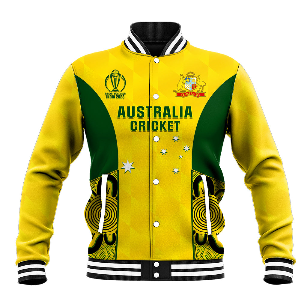Yellow baseball jacket with green panel, striped collar, snap buttons, Australia Cricket print