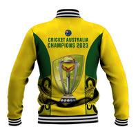 Yellow baseball jacket with green back panel, striped ribbed cuffs, Champions 2023 trophy graphic