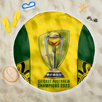 Round beach blanket in yellow and green with trophy graphic and fringe border