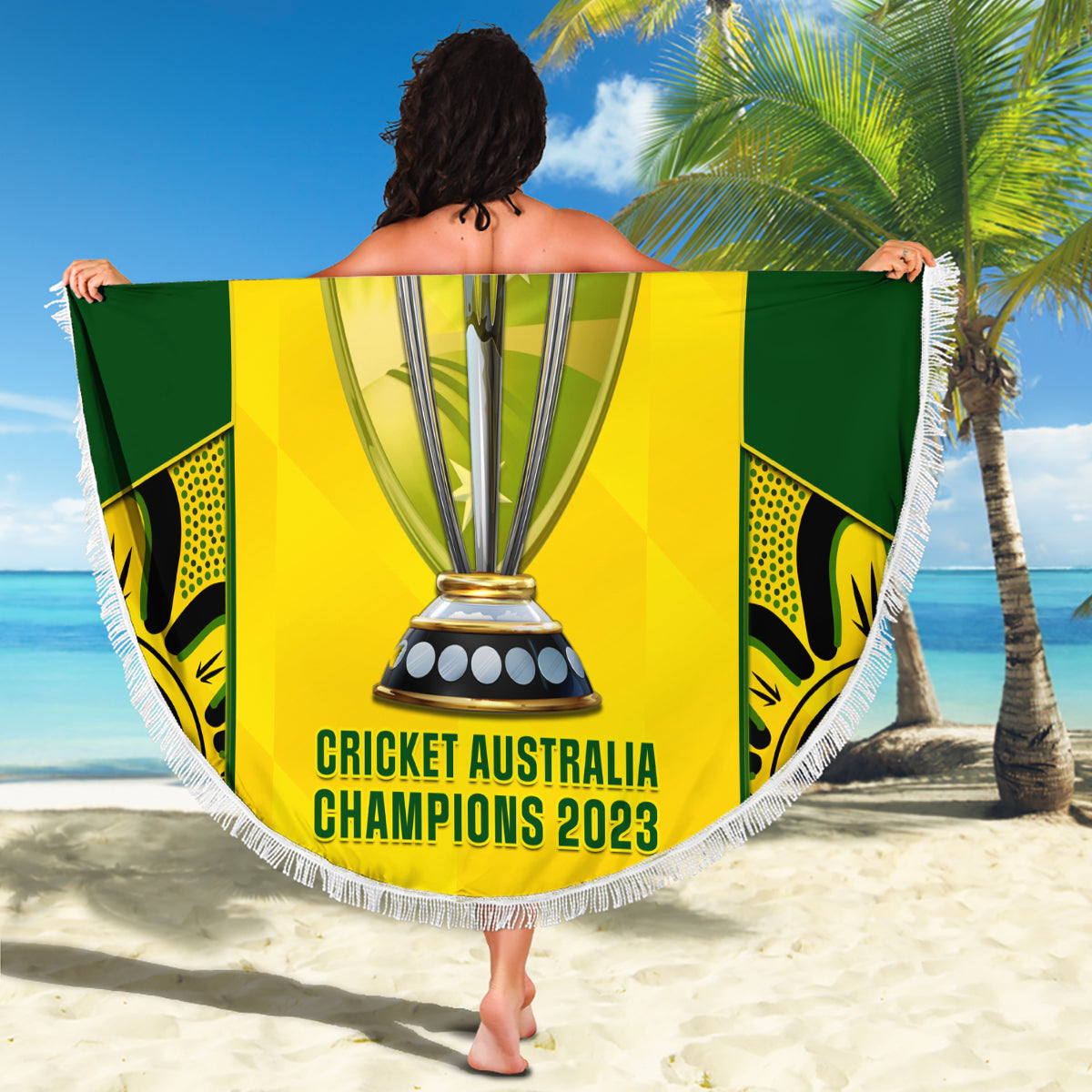 Circular yellow and green beach blanket with central trophy and tassel fringe edge