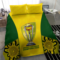 Cricket bedding set: green & yellow duvet with centered trophy and “Cricket Australia Champions 2023”
