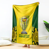 Yellow and green cricket blanket with trophy graphic and 'Cricket Australia Champions 2023' text