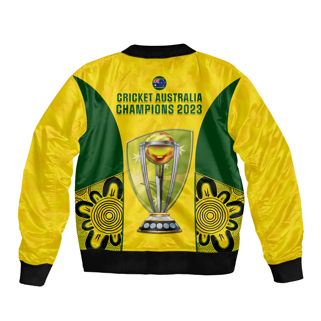 Yellow bomber jacket back with trophy graphic, green panels, ribbed hem and cuffs