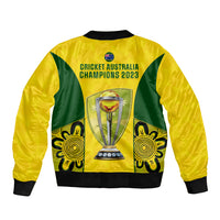 Yellow bomber jacket back with trophy graphic, green panels, ribbed hem and cuffs