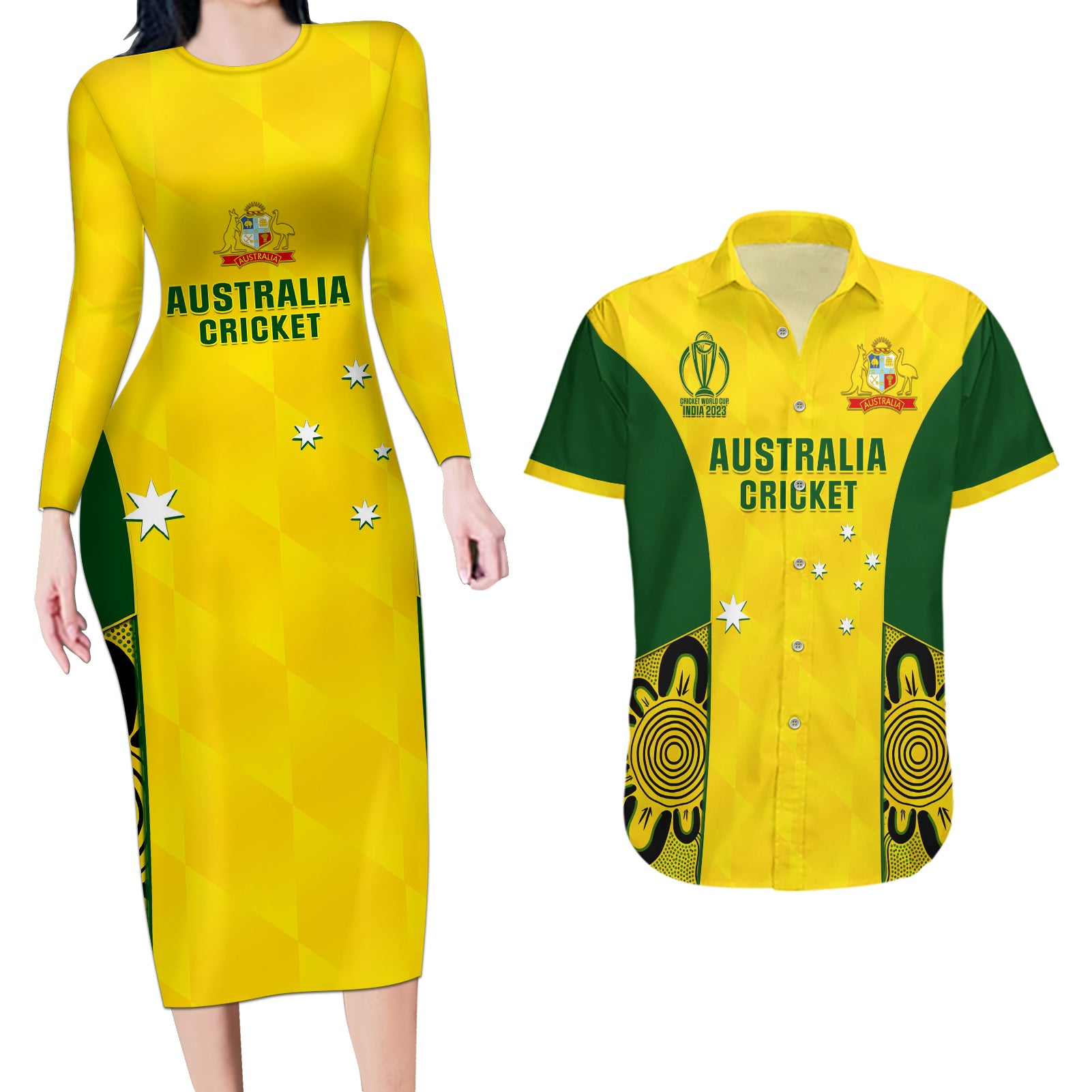 Australia Cricket Couples Matching Long Sleeve Bodycon Dress and Hawaiian Shirt World Cup Go Champions 2023 Indigenous - Wonder Print Shop