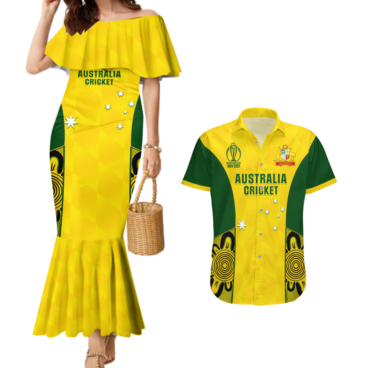 Australia Cricket Couples Matching Mermaid Dress and Hawaiian Shirt World Cup Go Champions 2023 Indigenous - Wonder Print Shop