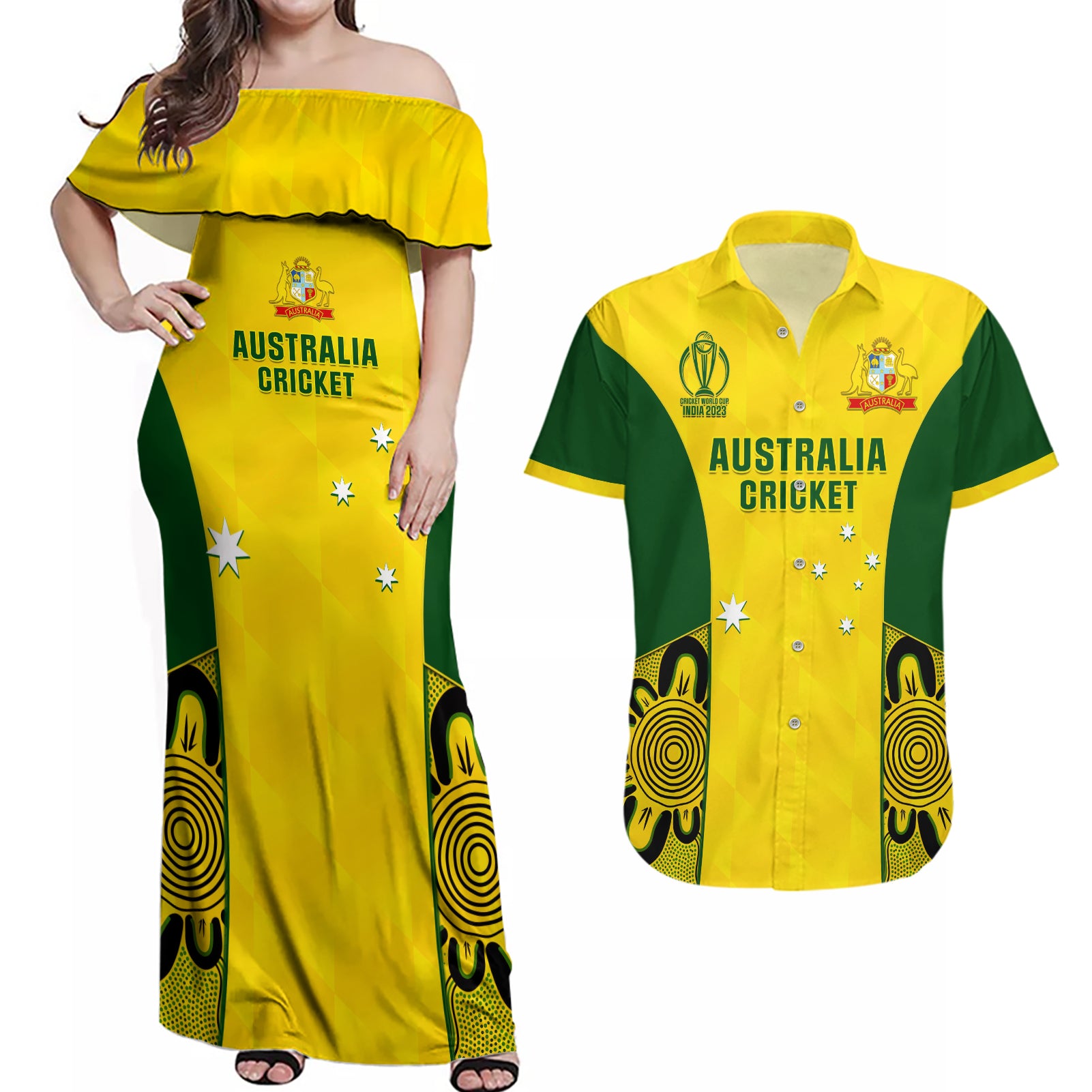 Australia Cricket Couples Matching Off Shoulder Maxi Dress and Hawaiian Shirt World Cup Go Champions 2023 Indigenous - Wonder Print Shop