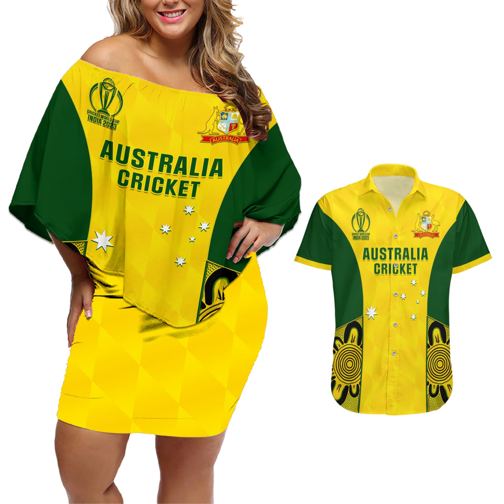 Australia Cricket Couples Matching Off Shoulder Short Dress and Hawaiian Shirt World Cup Go Champions 2023 Indigenous - Wonder Print Shop